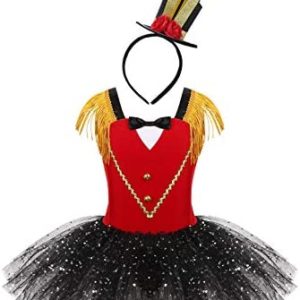 dPois Circus Ringmaster Costume for Kids Girls Sequins Sleeveless Tassel Dance Dress Christmas Halloween Tutu Skirt