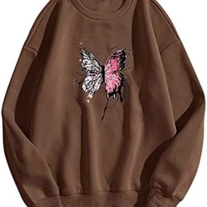 Oversized Sweatshirt for Women Casual Vintage Top Butterfly Print Drop Shoulder Pullover Long Sleeve Crew Neck Blouse