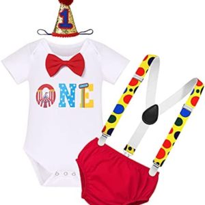 IWEMEK Baby Boys 1st Birthday Circus Cake Smash Outfit Bowtie Romper Bloomers Diaper Suspender Pants Hat Party Clown Costume