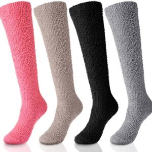 Geyoga Fuzzy Socks for Women 4 Pairs Knee Fuzzy Socks Soft Warm High Socks Plush Winter Long Socks Assorted