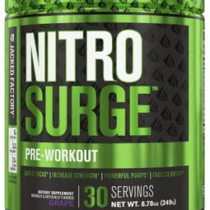 Jacked Factory NITROSURGE Pre Workout Supplement - Endless Energy, Instant Strength Gains, Clear Focus, Intense Pumps - Nitric Oxide Booster & Powerful Preworkout Energy Powder - 30 Servings, Grape
