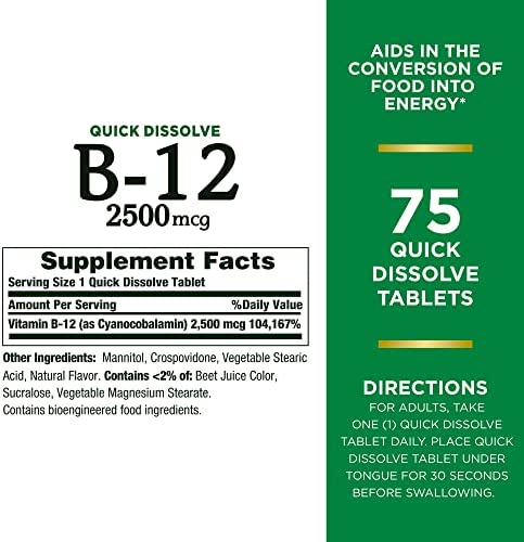 Nature’s Bounty Vitamin B12 2500 mcg, Cellular Energy Support, For Energy Metabolism, Heart & Nervous System Health, 75 Quick Dissolve Tablets - Image 2