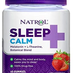 Natrol Sleep+ Calm, Drug Free Sleep Aid Supplement, Calm an Active Mind, Ease to Sleep, 60 Strawberry Flavored Gummies