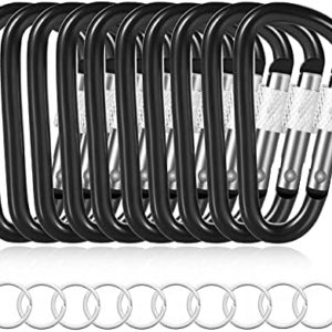 Aluminum Carabiner Clips 10 Pack 2.2Inch Black D Shape, Keychain Buckles with 10 Pack Nickel Plated Key Rings