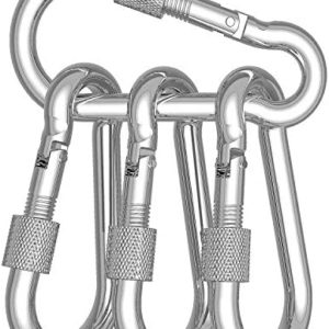 YCLOVE 4 PCS 3" Carabiner Hooks Clips Hammock Locking Carabiner Heavy Duty 500LBS Screw Spring-Loaded Gate Snap Gear Clip Utility Hooks Backpack Hanging Buckle for Camping Hiking Fishing Sliver Color