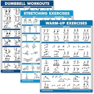Palace Learning 3 Pack - Dumbbell Workouts + Stretching Exercises + Warm Up Exercises - Set of 3 Workout Charts (LAMINATED, 18” x 24”)