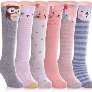 FNOVCO Girls Knee High Socks Cartoon Animal Patterns Cotton Over Calf Socks