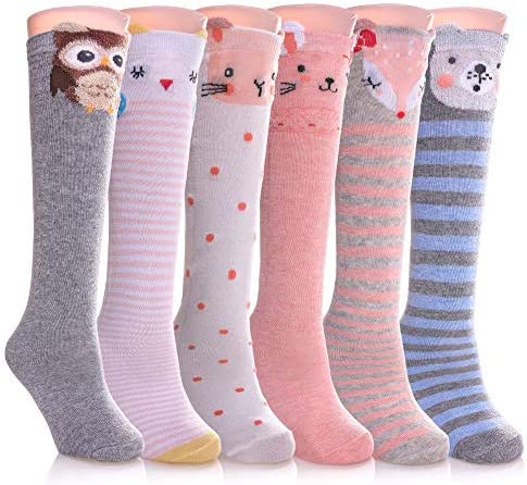 FNOVCO Girls Knee High Socks Cartoon Animal Patterns Cotton Over Calf Socks