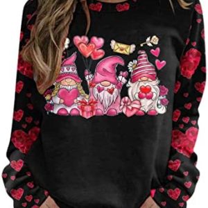 FAMOORE Ladies Zip up Jackets Pullover Sweater Tops For Womens Valentine Day Print O Neck Sweatshirt Round Teen Girl