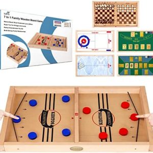 Kiditos 27.2" 7 in 1 Giant Sling Puck Game, Black Jack, Texas Hold'em, Bowling, Curling, Checkers, Chess, Ultimate Multiple Tabletop Wooden Board Game for Kids and Adults