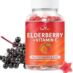 BeLive Elderberry Gummies with Vitaminc C, Propolis, Echinacea. Max Strength 200MG - Sambucus Black Elder Immune Support Vitamins Supplement Made for Adults & Kids | Raspberry Flavored. 50 Count