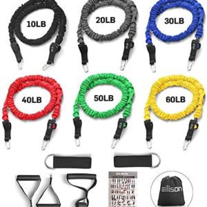 EILISON Resistance Band Kit with Heavy Duty Protective Sleeves for Safe Workout and Soft Anti-Slip Foam Handle, Door Anchor, Ankle Strap for Men and Women Stackable