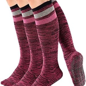 Women's 3 Pairs Purple Anti Skid Non Slip Odor Control Grips Compression Knee High Yoga Pilate Fitness Socks Stocking,Size 5-10