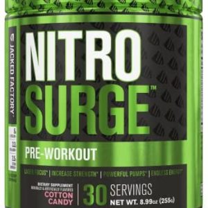 NITROSURGE Pre Workout Supplement - Endless Energy, Instant Strength Gains, Clear Focus, Intense Pumps - Nitric Oxide Booster & Powerful Preworkout Energy Powder - 30 Servings, Cotton Candy