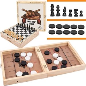 Fast Sling Puck Game Large Size 22 x 11 in Sling Puck & Chess Game 2-in-1 Foldable Sling Football Game Set, Wooden Hocky Game - Excellent Gift Idea for Kids and Adults (Western Theme)