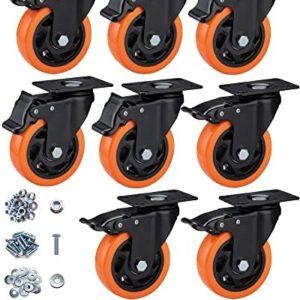 Casters, 4" Caster Wheels，Casters Set of 8 Heavy Duty - ASRINIEY Orange Polyurethane Castors, Top Plate Swivel Wheels, 8-Pack Industrial Casters with Brake, Locking Casters for Furniture and Workbench