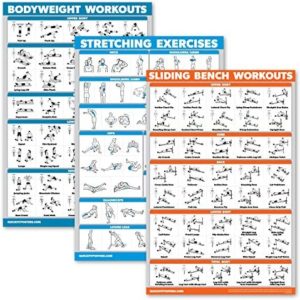 3 Pack: Bodyweight Workouts + Stretching Exercises + Sliding Bench - Set of 3 Workout Charts