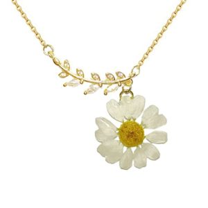 Valentines Day Difts for Her Leaves Haoshi and Daisy Pressed Flower Necklace 14K Gold Wildflower Handmade Necklaces Bridesmaid Jewelry Real Flower Necklace with Extension Chain Adjustable 16-18”