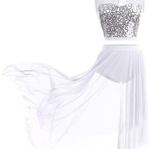 ODASDO Lyrical Dance Costume for Women Sequin Lace Floral Crop Top Asymmetrical Flowy Mesh Tulle Skirt 2pcs Outfit