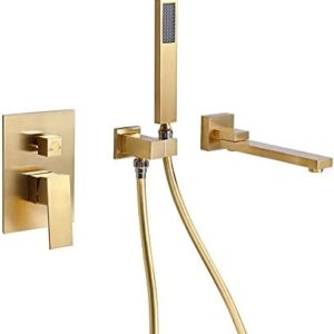 DEOLER Wall Mounted Bathtub Faucet with Handheld Shower, Solid Brass 180° Swivel Tub Filler Faucet with Hand Shower, Brushed Gold