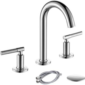 Chrome Widespread 8 Inch Bathroom Sink Faucet with Pop Up Drain and 2 Water Supply Lines, Luxury Brass Two Knurled Handle Bathroom Vanity Faucet for Sink 3 Hole with Brass 360 Degree Swivel Spout