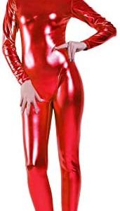 Kepblom Shiny Metallic Unitard Turtleneck Long Sleeve Footless Zentai Suit Catsuit Dancewear