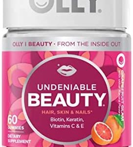 OLLY Undeniable Beauty Gummy, For Hair, Skin, Nails, Biotin, Vitamin C, Keratin, Chewable Supplement, Grapefruit, 30 Day Supply - 60 Count