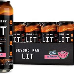 BEYOND RAW Lit On-The-Go | Ready to Drink Cans | Contains Caffeine, L-Citruline, and Beta-Alanine | Nitrix Oxide Preworkout Supplement | Jolly Rancher Watermelon | 12 Cans