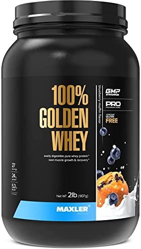 Maxler 100% Golden Whey Protein - 24g of Premium Whey Protein Powder per Serving - Pre, Post & Intra Workout - Fast-Absorbing Whey Hydrolysate, Isolate & Concentrate Blend - Blueberry Muffin 2 lbs