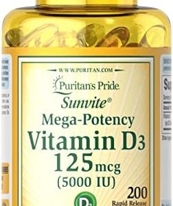 Vitamin D3 5,000 IU Bolsters Immunity by Puritan's Pride for Immune System Support and Healthy Bones and Teeth 200 Softgels, packaging may vary
