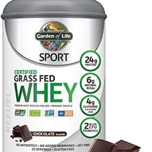 Garden of Life Sport Whey Protein Powder Chocolate, Premium Grass Fed Whey Protein Isolate Plus Probiotics for Immune System Health, 24g Protein, Non GMO, Gluten Free, Cold Processed - 20 Servings