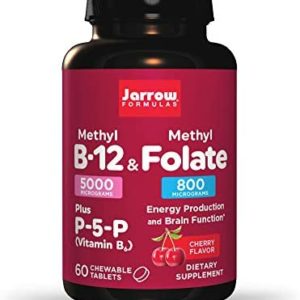 Jarrow Formulas Ultra Strength Methyl B-12 &Methyl Folate - 60 Chewable Tablets, Cherry Flavored - Bioactive Vitamin B12 & B9 - Cellular Energy and Cardiovascular Support (PACKAGING MAY VARY)