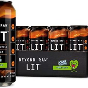 BEYOND RAW Lit On-The-Go | Ready to Drink Cans | Contains Caffeine, L-Citruline, and Beta-Alanine | Nitrix Oxide Preworkout Supplement | Jolly Rancher Green Apple | 12 Cans
