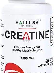 Hallusa Natural Creatina Monohidratada - Crecimiento Muscular, resistencia Muscular - Recuperación Muscular - Ganar masa Muscular - Suplemento para ejercicio - CREATINA 60 CAPSULAS 1000 MG