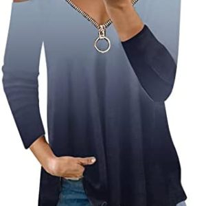 Plus Size Tops for Women, Women Long Sleeve Casual Tunic Zipper V Round Neck Off Shoulder Top Blouse Shirts