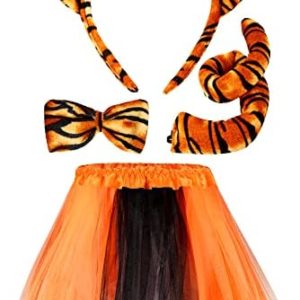 4 Pieces Tiger Costume Set Animal Fancy Costume Tiger Ear Headband Tail Bow Tie Tutu Skirt for Kids Halloween Cosplay Party