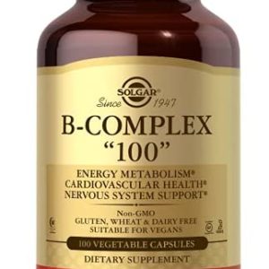 Solgar B-Complex "100", 100 Vegetable Capsules - Heart Health - Nervous System - Supports Energy Metabolism - Non GMO, Vegan, Gluten /Dairy Free, Kosher, Halal - 100 Servings
