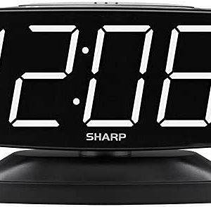 SHARP Home LED Digital Alarm Clock – Swivel Base - Outlet Powered, Simple Operation, Alarm, Snooze, Brightness Dimmer, Big White Digit Display, (Black-White LED)