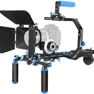 Neewer Shoulder Rig Kit for DSLR Cameras and Camcorders, Movie Video Film Making System with Matte Box, Follow Focus, C-Shaped Bracket, 15mm Rods, Handgrip, 1/4” & 3/8” Threads (Blue + Black)