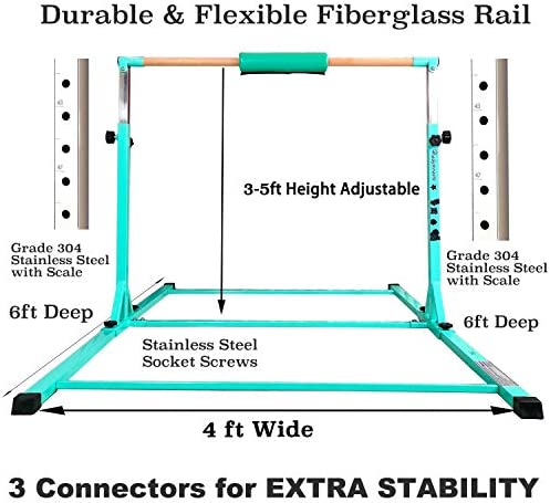 PreGymnastic Updated 6ft Base No Wobble Expandable Gymnastics Kip Bar, Fiberglass Rail & 304 Stainless Steel Regulating Arms, Adjustable Height 3'-5' Gymnastics Bar - Image 3