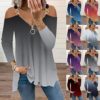 Plus Size Tops for Women, Women Long Sleeve Casual Tunic Zipper V Round Neck Off Shoulder Top Blouse Shirts - Image 5