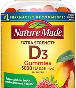 Nature Made Extra Strength Vitamin D3 5000 IU (125 mcg) per serving, Dietary Supplement for Bone, Teeth, Muscle and Immune Health Support, 80 Gummies, 40 Day Supply