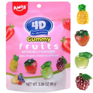 AMOS 4D Gummy Fruit Juicy Candy, Vivid Pineapple Strawberry Apple Grape Shaped Gummy Fruit Basket, 2.5 LB Contain Real Fruit Juice, Party Flavor Candy or Homemade Cupcake Toppers 3.39Oz (3 pack fruit)