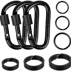 Carabiner Keychain Clip Hook, Cridoz 3pcs Locking Carabiner D Ring Clips with 9pccs Black Flat Key Ring for Water Bottles, Dog Tags and Car Keys (Assorted Sizes)