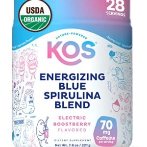 KOS USDA Organic Energizing Blue Spirulina Blend - 70 mg Organic Caffeine, B-Complex, Ashwagandha Root, Ginseng, Mushroom - Plant Based, Vegan Pre Workout Powder - Blue Raspberry Flavored, 28 Servings