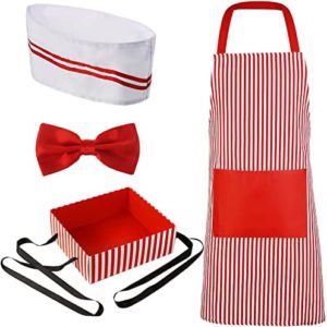 SATINIOR 4 Pieces Waiter Costume Kit for Adults Including Chef Hat Paper Party Tray with Strap Red and White Striped Apron Clip on Bow Ties for Cosplay Circus Party Women Men, One Size