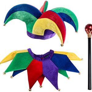 Tigerdoe Jester Costume - Hat and Collar and Wand - Jester Clown Costume - King's Jester - 3 Pc Set Blue
