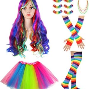 SATINIOR Women 80s Costume Set Circus Costume Clown Costume Set for Women Long Curly Cosplay Wig Fancy Dress Tutu Leg Glove (Rainbow Colors,Large)