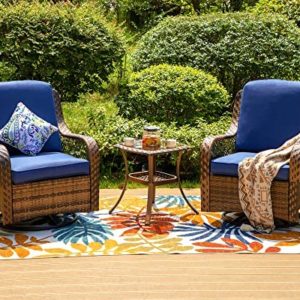 PHI VILLA 3 PCs Outdoor Swivel Rocker Chairs Patio Conversation Set, Oversized Swivel Patio Wicker Rattan Furniture Set for Lawn, Garden, Navy Blue Cushion