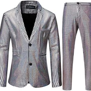 LucMatton Men's 2 Piece Disco Sets Shiny Jacket and Pants Metallic Sequin Suits